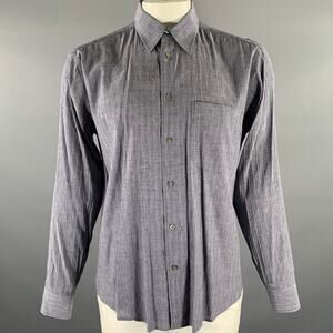BRIONI Size L Navy Grey Stripe Linen Blend Pointed Collar Long Sleeve Shirt